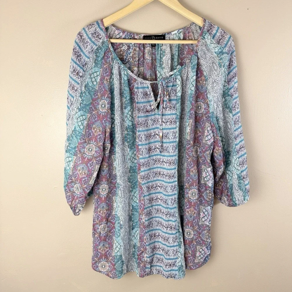 Fred David 2X Boho Paisley Blouse Cottagecore Grandma Core Flowy Top Plus - Picture 1 of 9